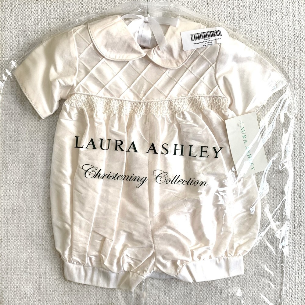 Laura Ashley Ivory Silk Formal Infant Romper Bonnet Christening Collection